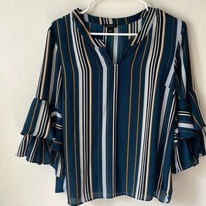 {Ann Taylor Factory} Striped Ruffle V-neck Blouse